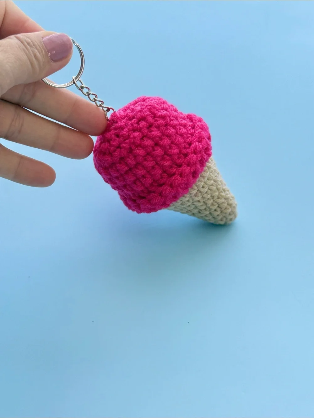 Handmade Fuchsia Pink Crochet Ice Cream Cone Keychain for Kids